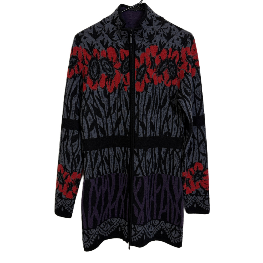 Icelandic Designs Cardigan Sweater Womens Small Wool Floral Gray Full Zip Knit *